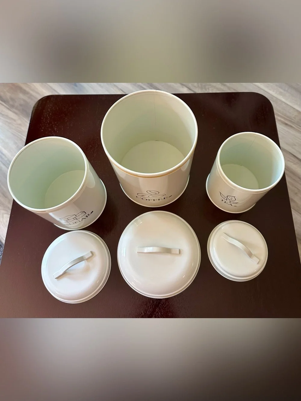 3-Piece White Metal Coffee Tea Sugar Canister Set with Lids